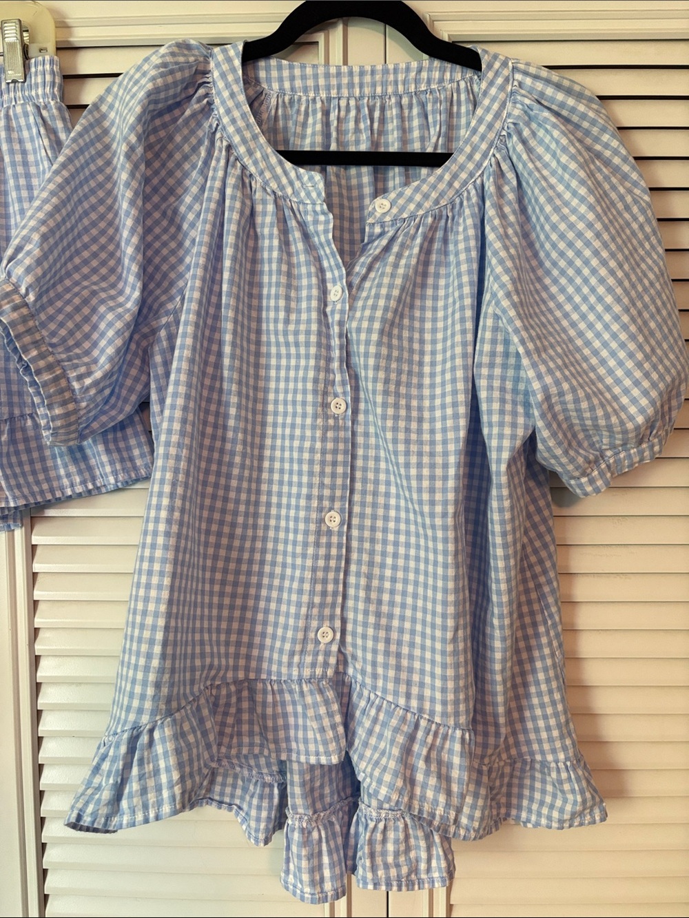 Women’s Gingham Blue Cotton Ruffle Pajama Set Size Large - Picture 5 of 7